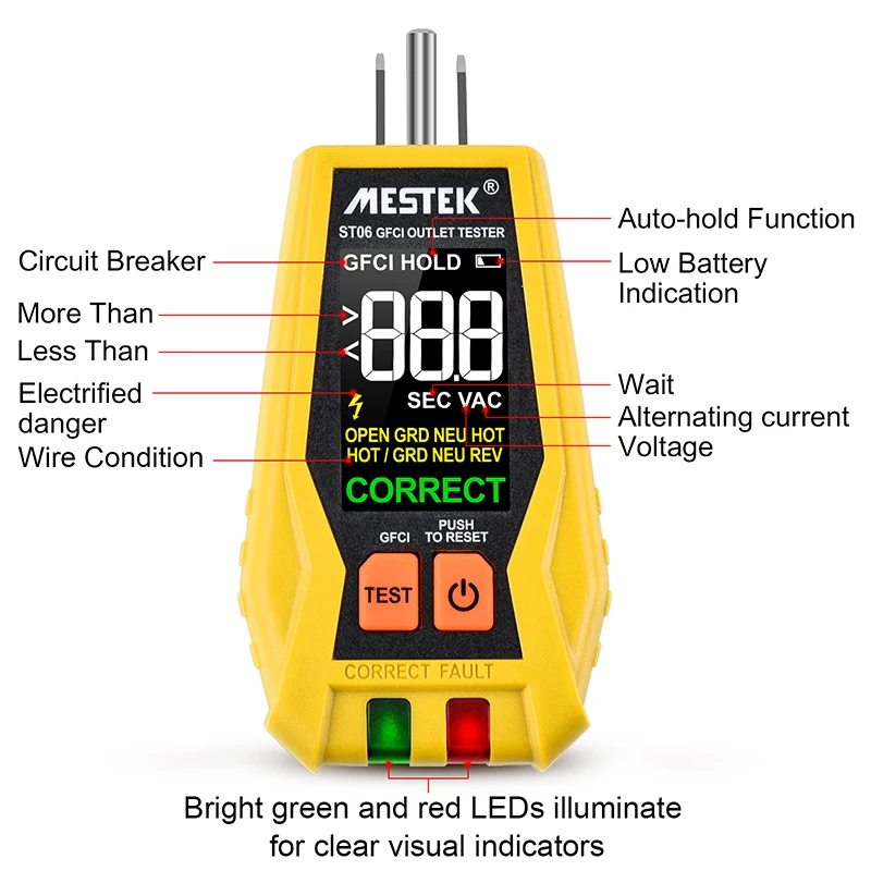 ST06 Socket Tester VA Color Screen Digital Display Outlet Checker GFCI Live Neuter Wire Test US Plug Ground Zero Line Meter 4