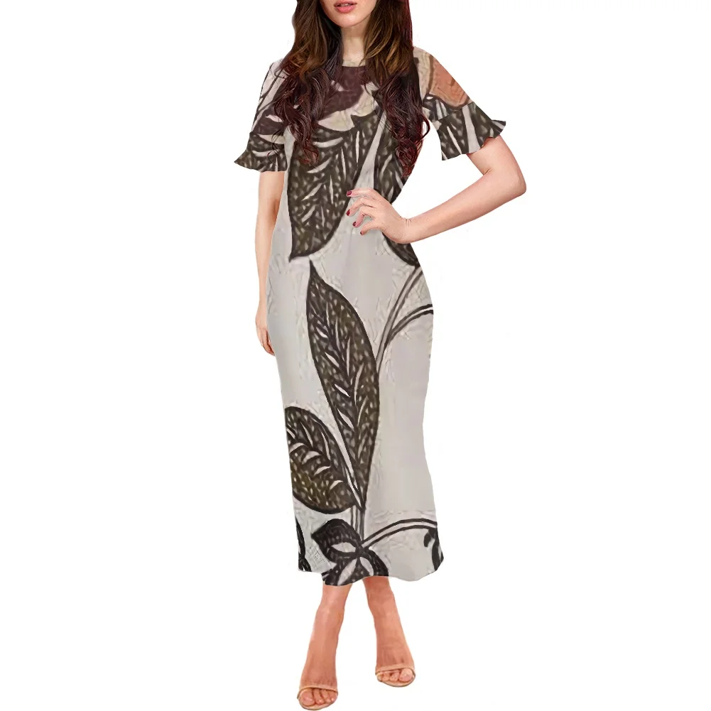 

New Design Women's Casual Holiday Dress Polynesian Tribal Palm Leaves Print Long Dress O-neck Short Sleeve Clothing