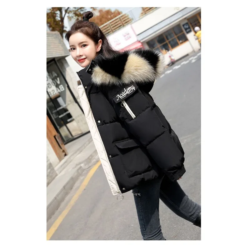 2023 New Women Down Cotton Coat Winter Jacket Female Loose Hooded Parkas Artificial Fur Collar Outwear Warm Thick Overcoat