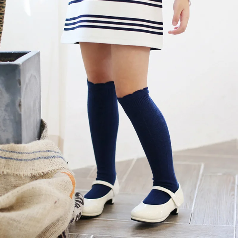Candy Color Autumn Cotton Double Needle Ruffle Knee High Long Socks for Baby Girls Princess 1 To 10 Years Kids Toddler Stockings