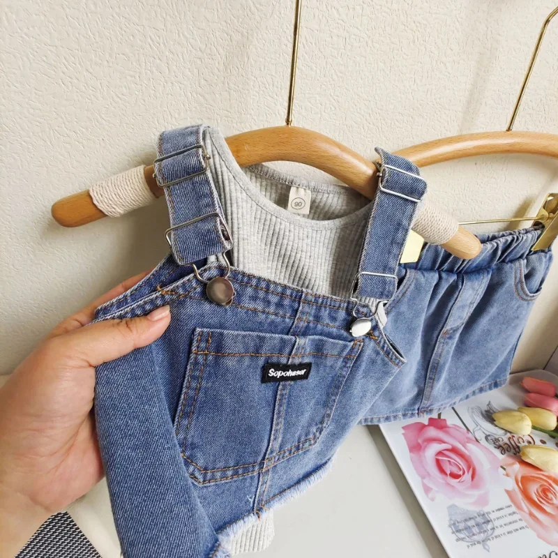 2-7Years Fashion Children Girl Summer Clothes Sleeveless Cotton Vest Tops+Denim Tank Tops+A-line Mini Skirt 3PCS Outfit Kids Set