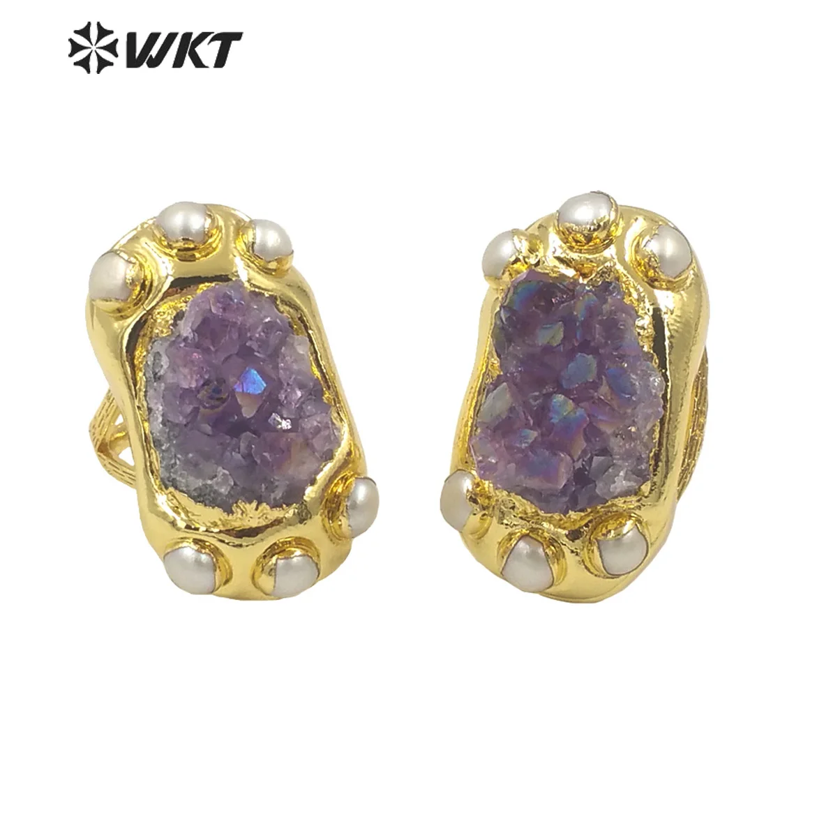 

WT-R502 Fashion Women 18K Real Gold Plated Long shape Natural Aura Druzy Amethyst Stone Ring With Freshwater Pearl Charms Around