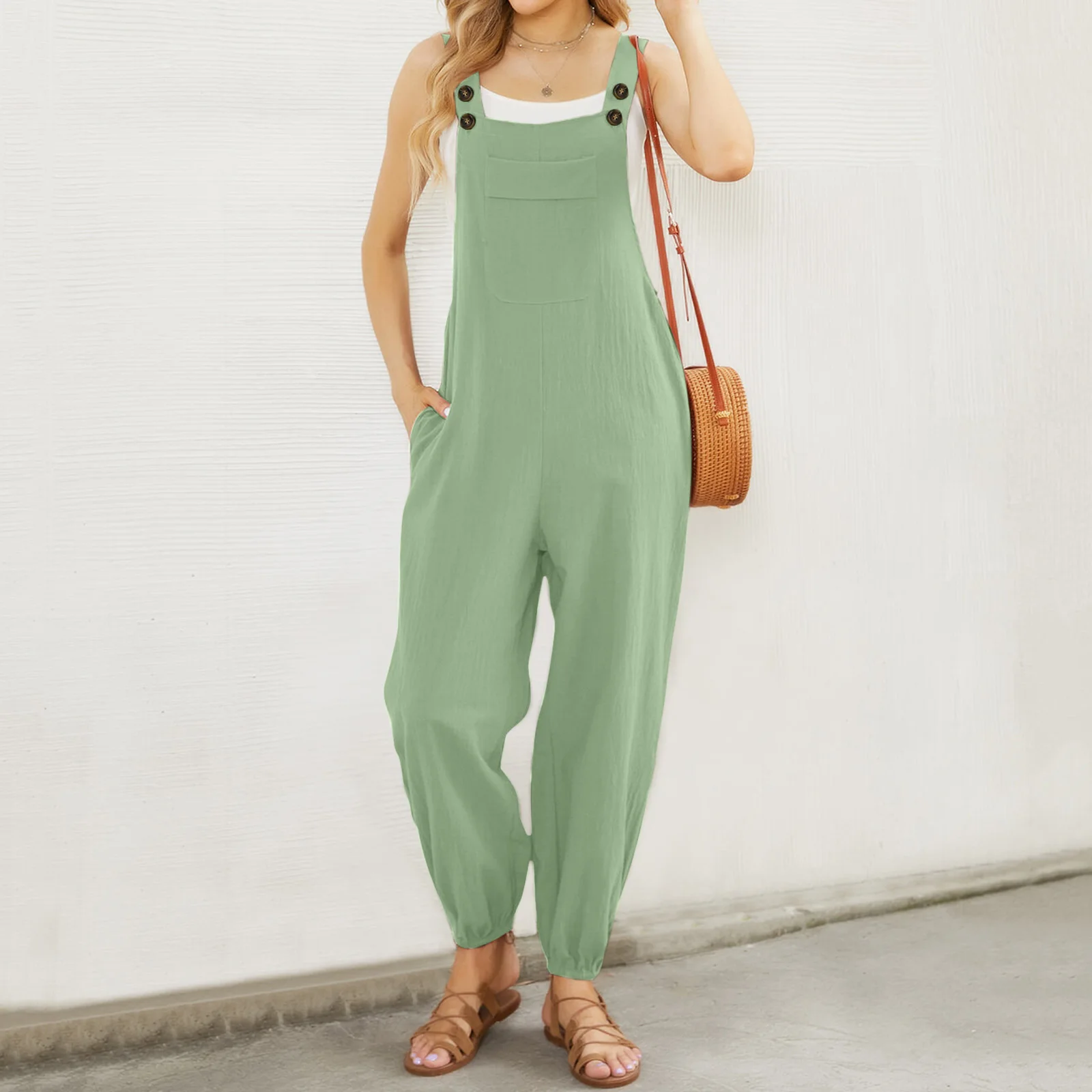 2023 Summer Cotton Linen Women Jumpsuits Solid Color Slim Waist Button Fly Strap Casual Female Rompers with Pockets Lady Overall