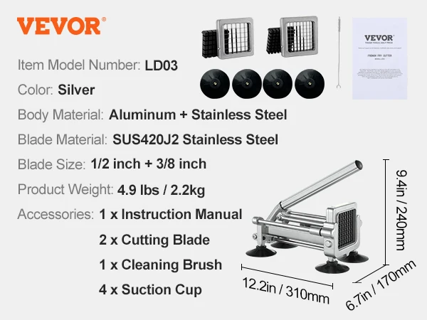 VEVOR French Fry Cutter Potato Slicer 1/2 3/8 1/4-Inch Stainless Steel Blades for Potato French Fries Cucumber Vegetables Carrot