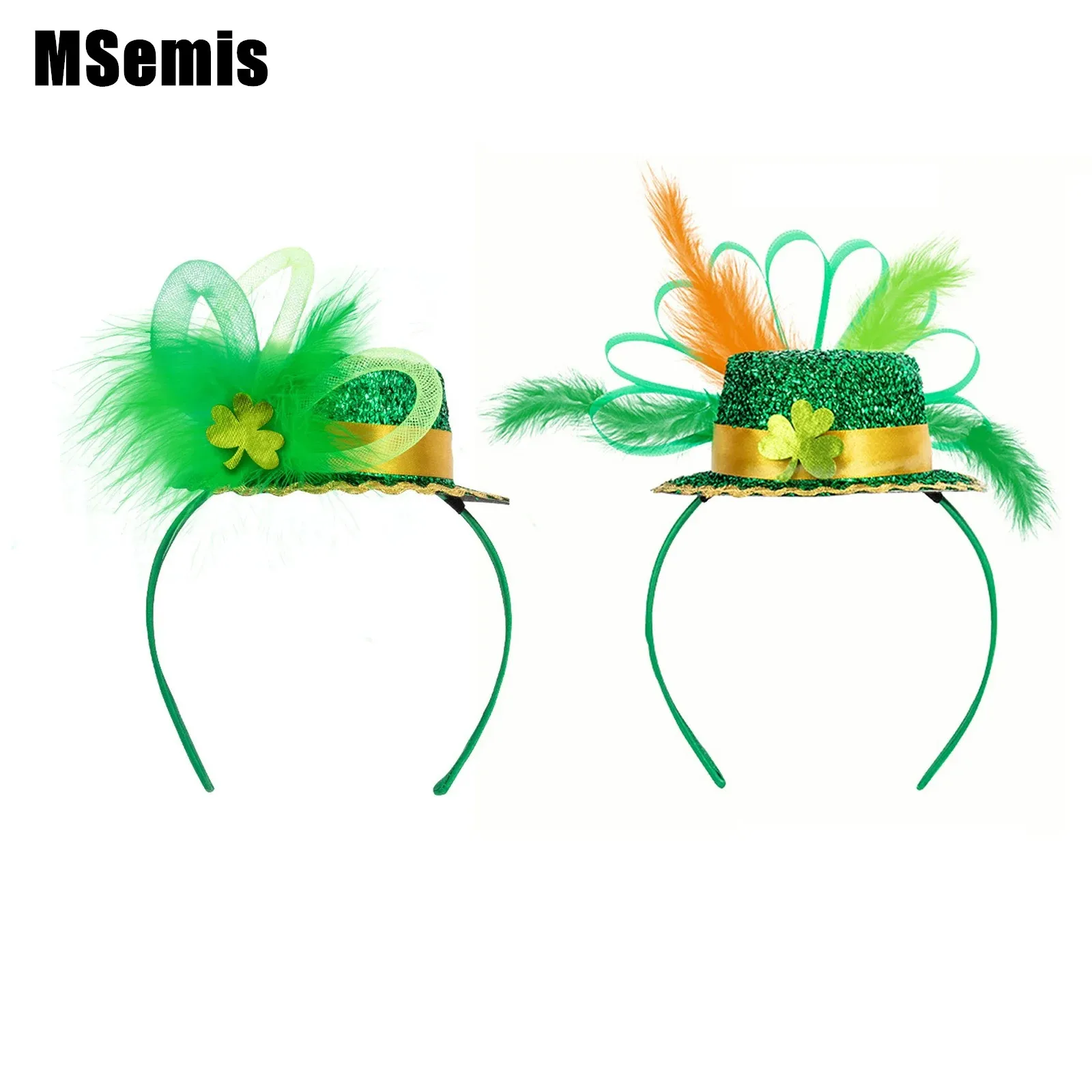 

St Patricks Day Headwear Irish Shamrocks Shiny Top Hat Fuzzy Feather Headband Hair Hoop Party Accessory for Festival