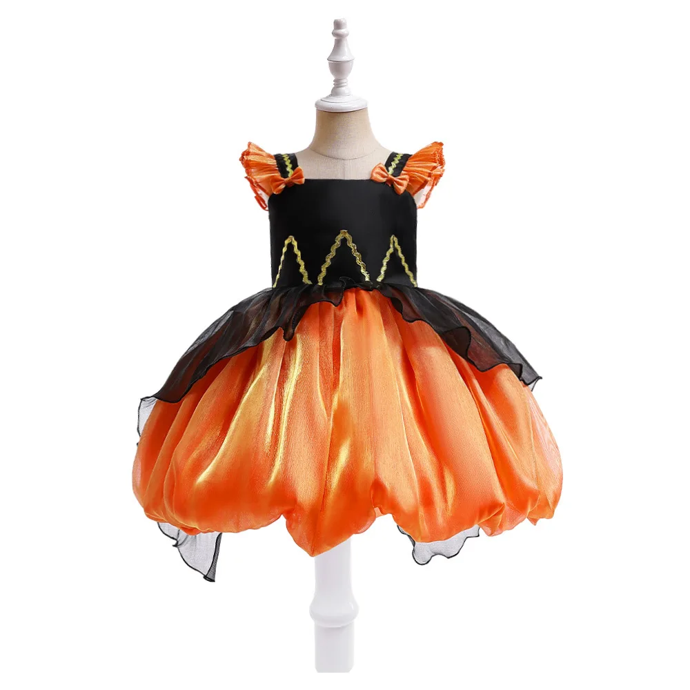

Ballgown Cosplay Halloween Children's Stage Costumes Orange Black Cap Sleeves Girls School Party Princess Dress