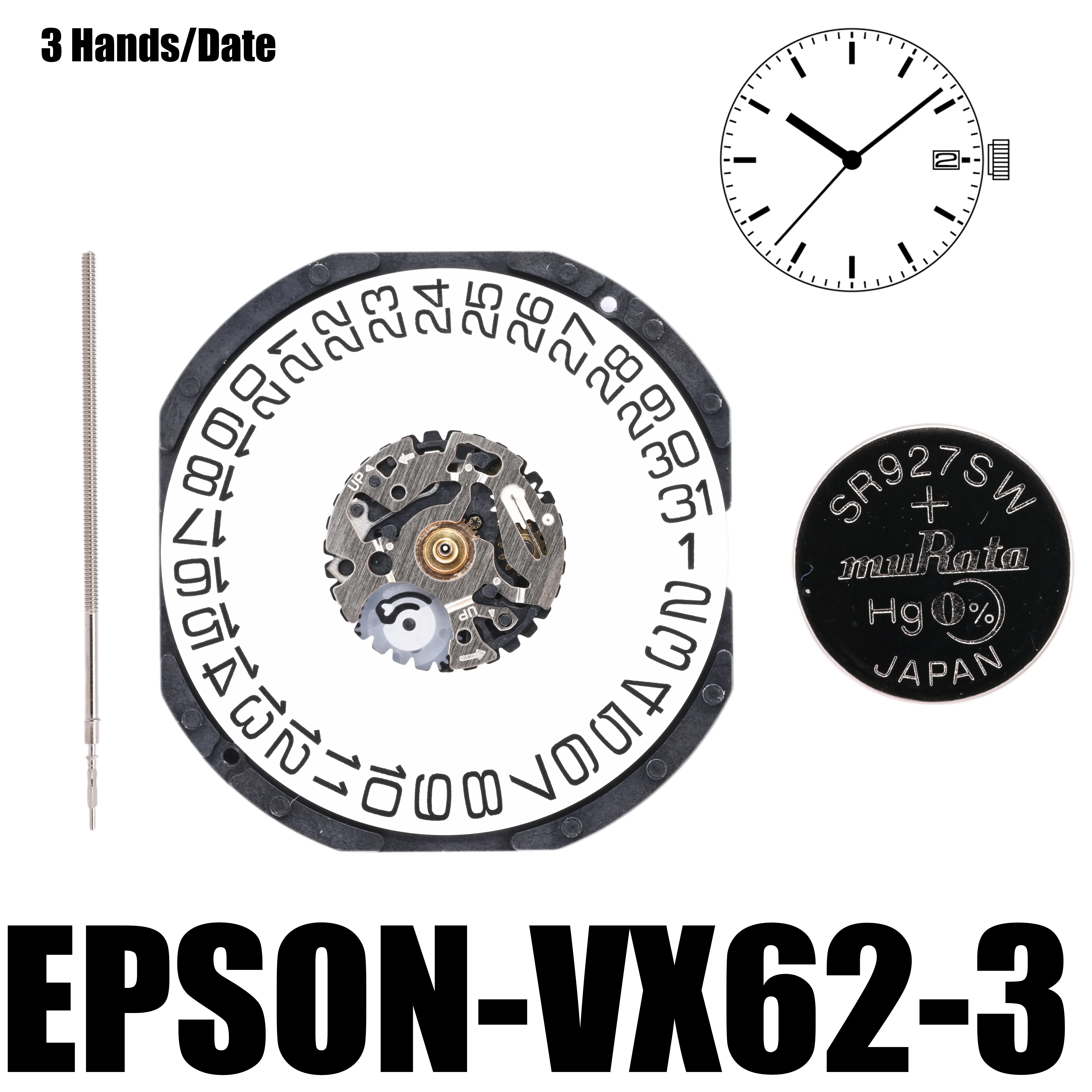 

VX62 Movement Epson VX62E Movement Japan Genuine VX Calendar Series Size:13 1/2''' 3 Hands/Date display at 3:00