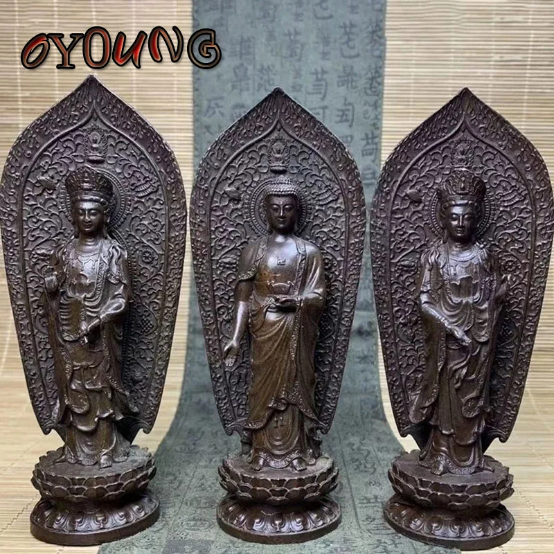 Pure Brass Tibetan Three Holy Buddhas Ornament Copper Statues Tantric
