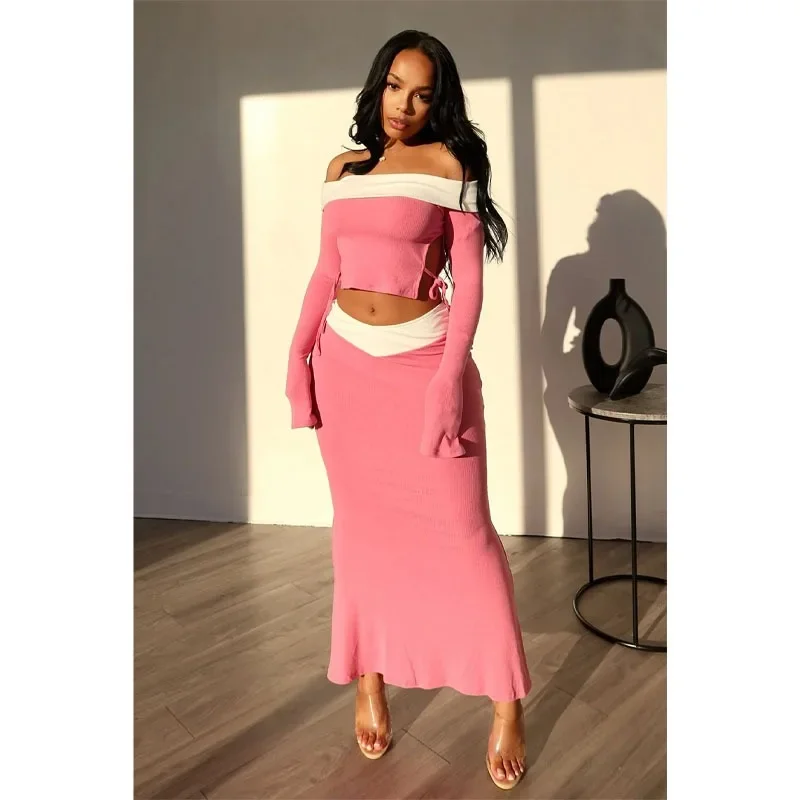 2024 Spring Color Pathcwork Knitted 2 Piece Set Women Sexy Off Shoulder Long Sleeve Bandage Crop Tops Maxi Mermaid Skirts Suits