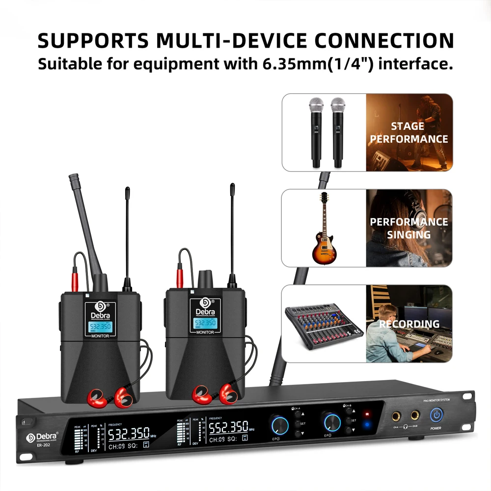 Debra ER-202 Stage Audio UHF Wireless In Ear Monitor System With Multiple Transmitter For Stage Performance Singer