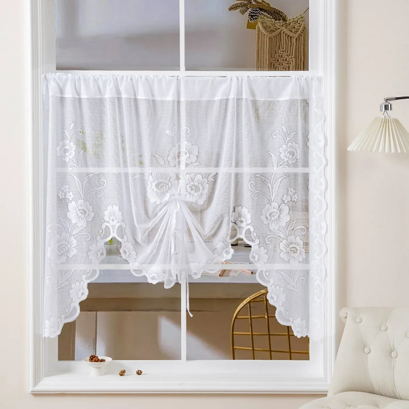 흰색 꽃무늬 레이스 쉬어 커튼 밸런스, 주방 카페 빈티지 보일 캐비닛 커버, 니트 타이업 리프트, 작은 창문 드레이프 