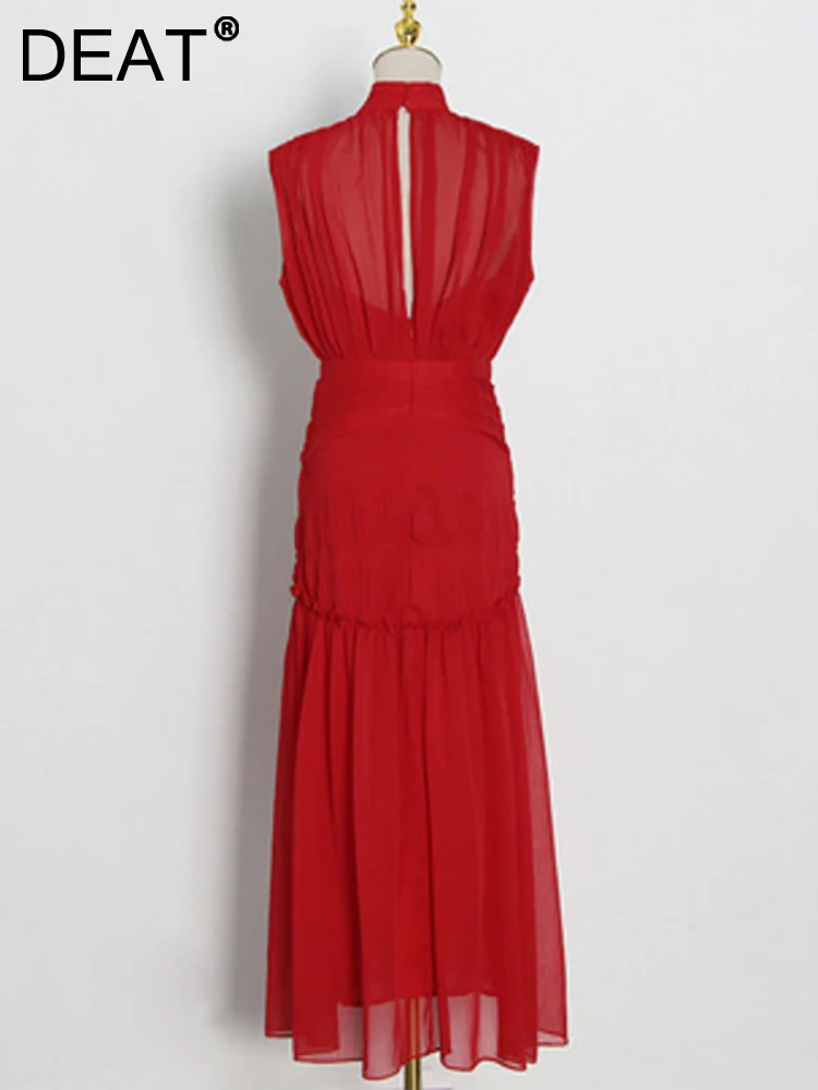 

[DEAT] Stand Collar Solid Patchwork Sleeveless Pleated High Waist Ankle Length Dress For Women Mall Goth 2024 Summer GX1009