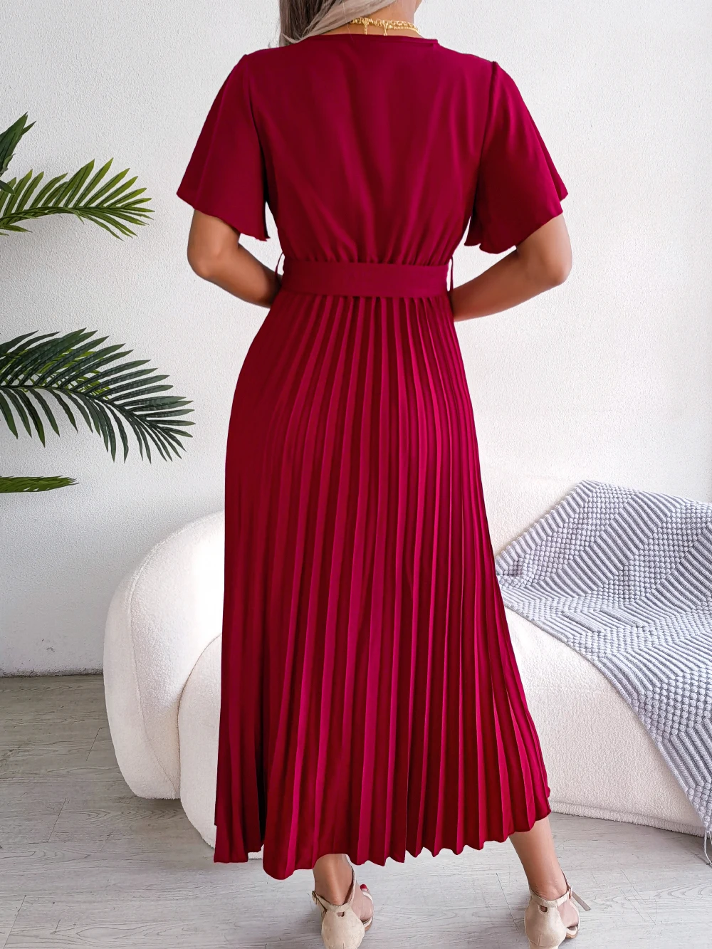 Sd79944e5a810487c94088e6ff3839f10M Women Summer Casual V Neck Short Sleeve Pleated Chiffon Maxi Dress Black Red Green Clothing Mallzona