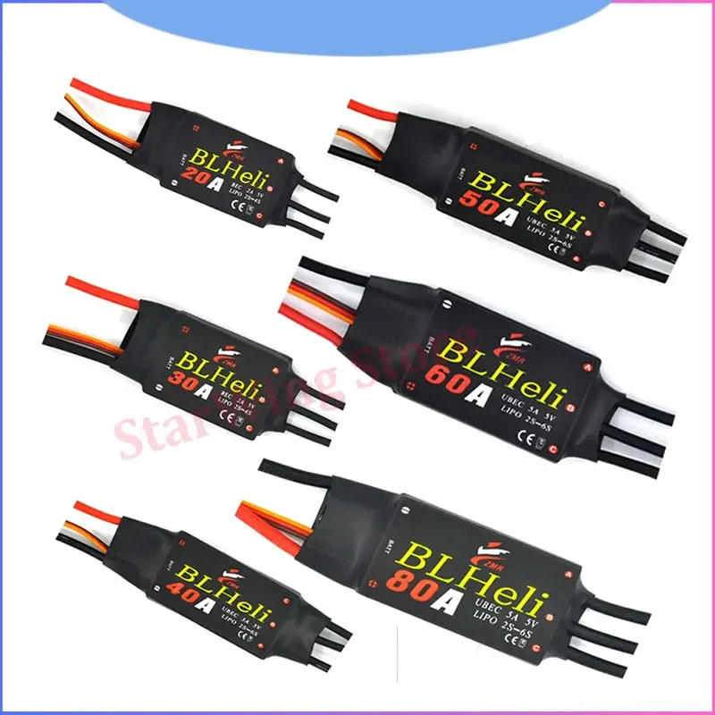 Gros plan sur BLHeli ESC 12A-80A, circuit imprimé avec dissipateur thermique et fils de batterie.
