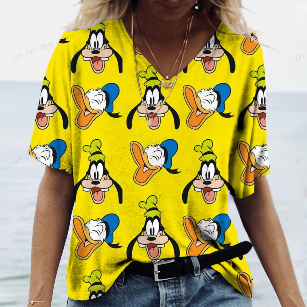 

Fun 3DDisney Goofy Printed T-shirt Women's Fashion V-neck Short Sleeved Top Summer Hot Selling Women's Street Trend Loose T-shir