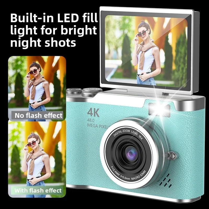 학생용 4K CCD 디지털 카메라 48MP 컴팩트 디지털 사진기 180 ° 어린이 및 성인 초보자용 플립 스크린 카메라