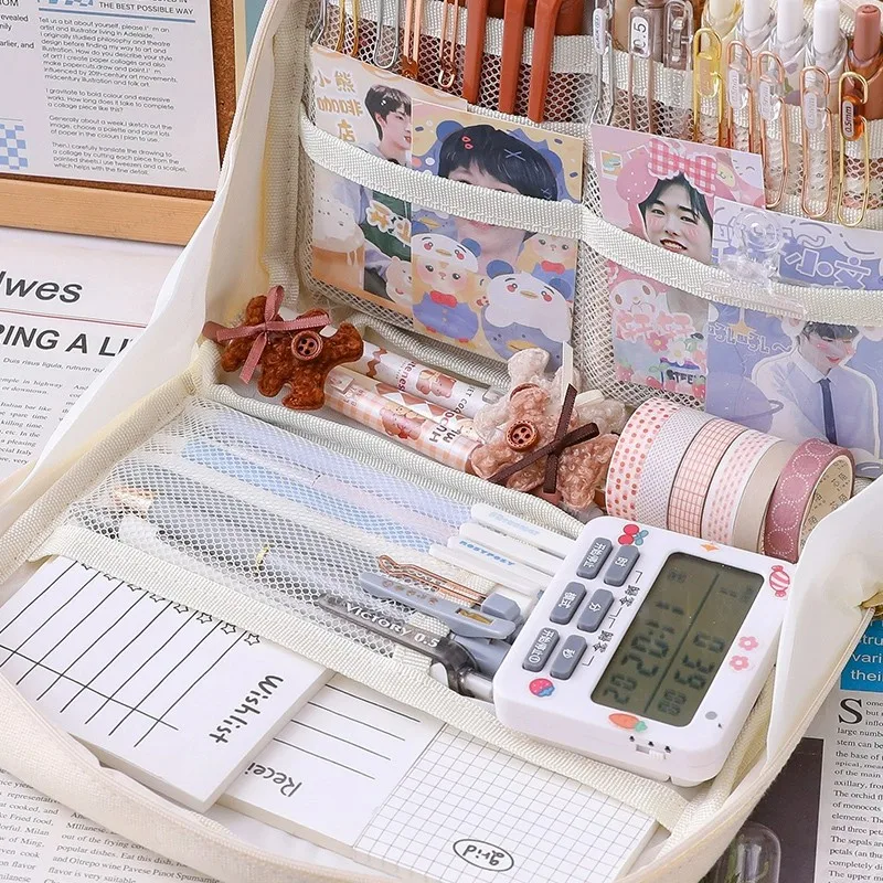 대용량 카와이 연필 케이스, 90 ° 오픈 백 파우치, 여아 사무실 학생 대학생 문구 학용품 선물