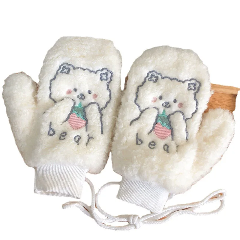 New Cute Bear Soft Plush Gloves Women Winter Warm Thicken Fingerless Mittens Outdoor Warmer Hand Guards Girls Christmas Gifts
