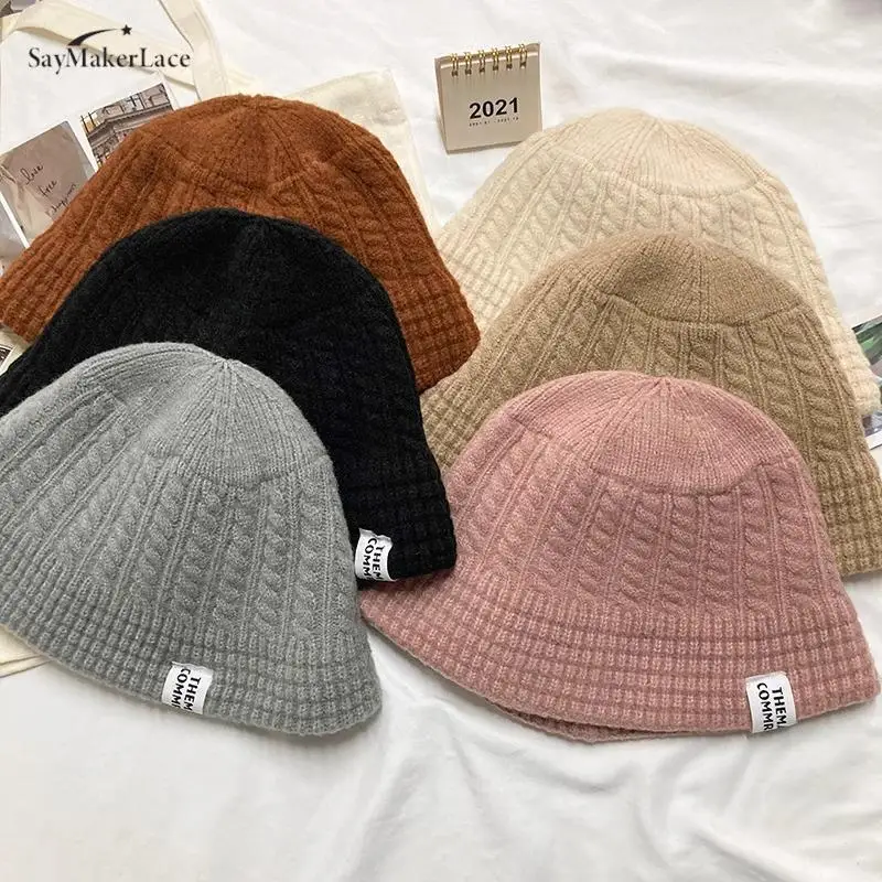 

1pcs Women Winter Bucket Hat Warm Knit Fisherman Cap Casual Foldable Panama Hat Lady Outdoor Sunscreen Sun Cap