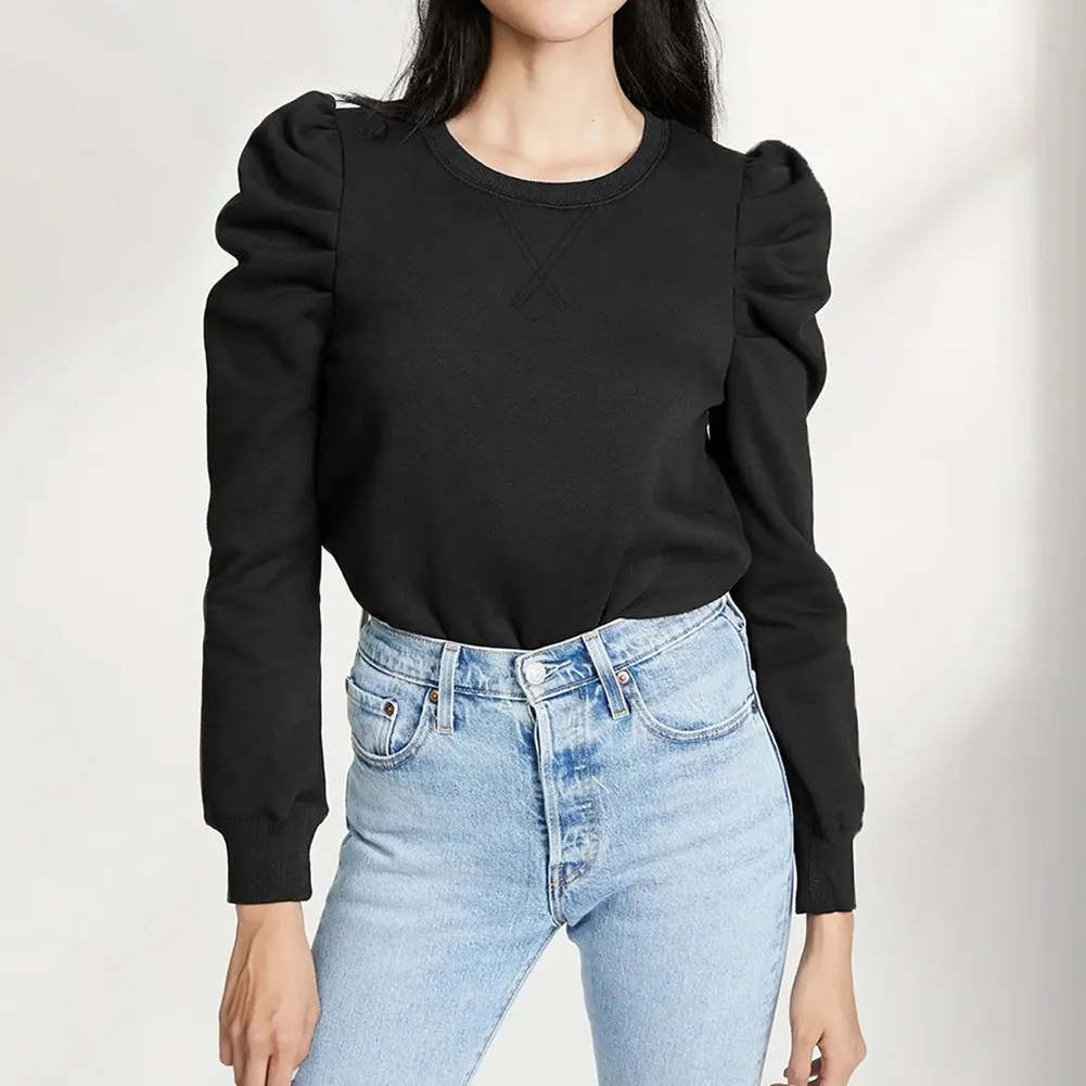 

Commuting Wind Crewneck Elegant Female Shirt For Women Long Puff Polyester Shirt Shirt Top Sleeves Solid Color