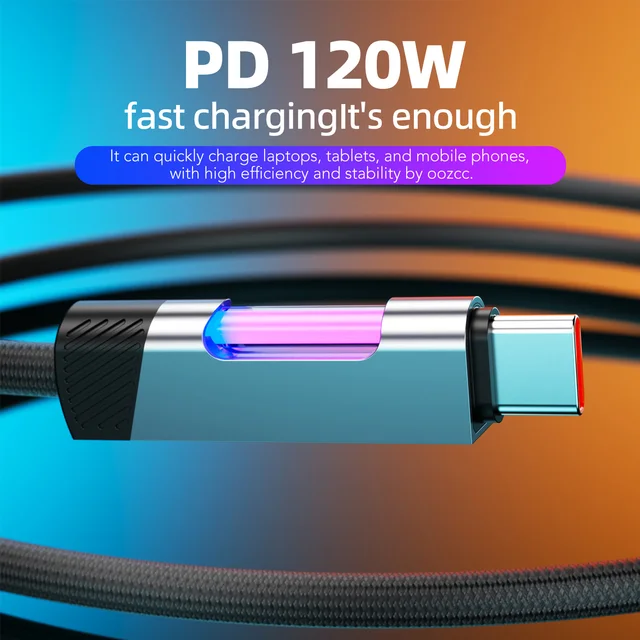 RGB Fast Charging Cable 120W 6A USB Type C Charge Cable with RGB Ambient Light 2