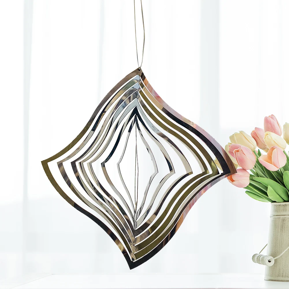 

3D Metal Wave Rhombus Rotating Spinner Spiral Wind Chimes Art Hanging Pendant Bird Repellent Scarer Yard Porch Garden Decoration