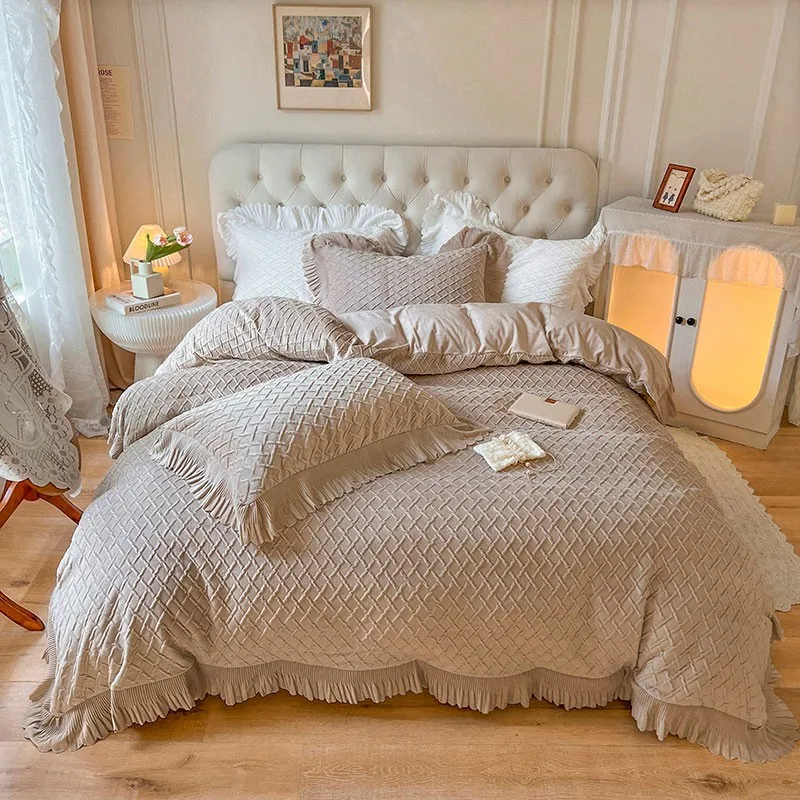 Set Copripiumino In Velluto Plissettato Pizzico Queen King 4 Pezzi Set Biancheria Da Letto In Pile Di Flanella Ultra Soft Cozy Doona Cover Lenzuola Fe