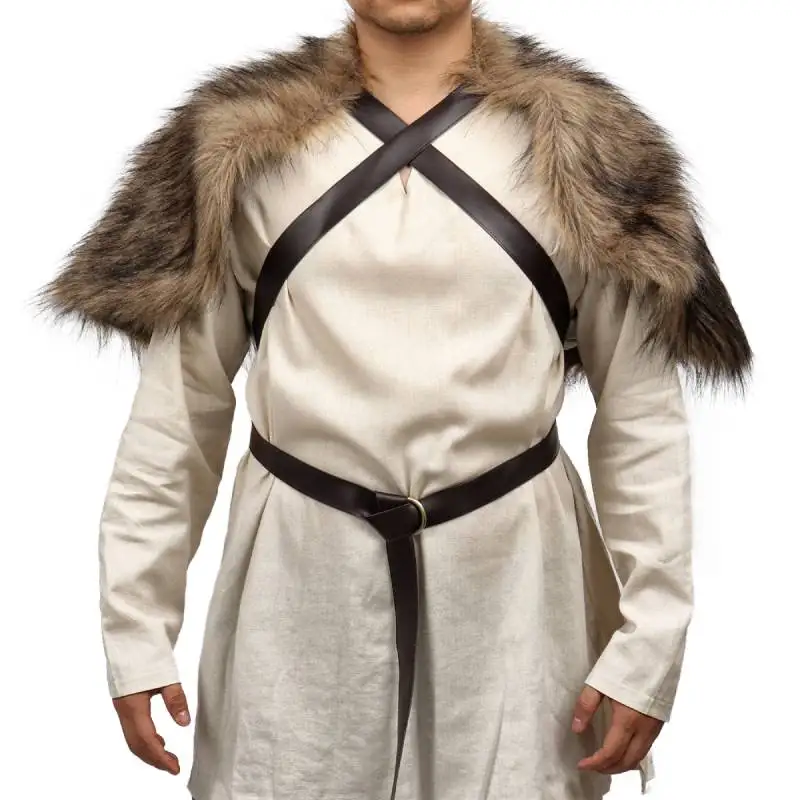Viking Faux Fur Shawl & Leather Headband - Medieval Renaissance Costume Set For Halloween & Cosplay