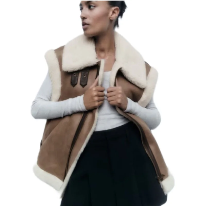 

Winter New Women's Street Fashion Three Color Suede Casual Lapel Vest