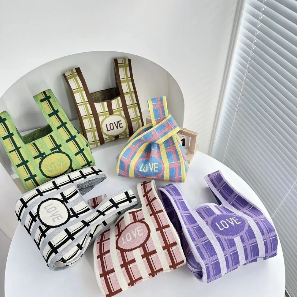 

Knitted Wrist Bag Casual Shoulder Tote Bag Mini Plaid Knot Wrist Bag Female Reusable Shopping Bag Female Student Portable Bag