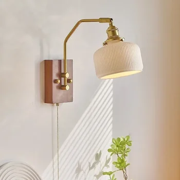 French Vintage Wood & Ceramic Wall Sconce 1