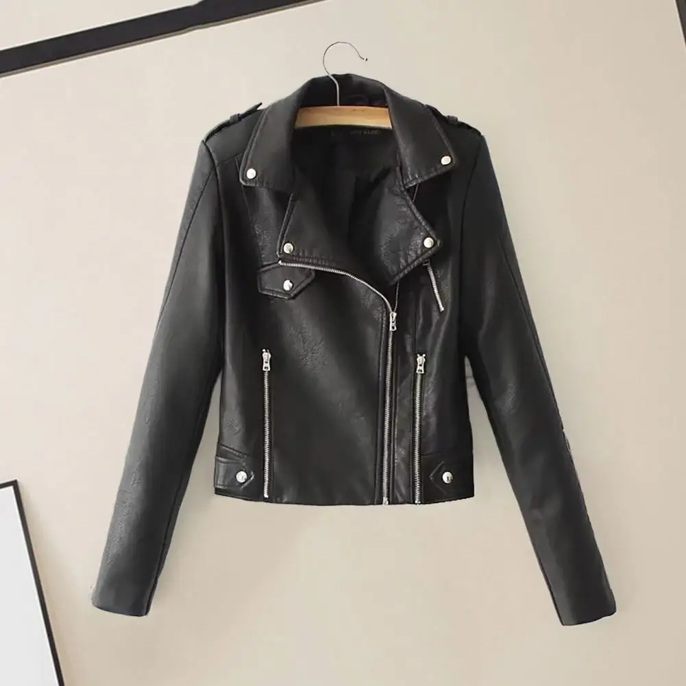 

Stylish Cardigan Jacket Long Sleeves Warm Coldproof Fall Winter Solid Color Faux Leather Motorcycle Jacket Coat