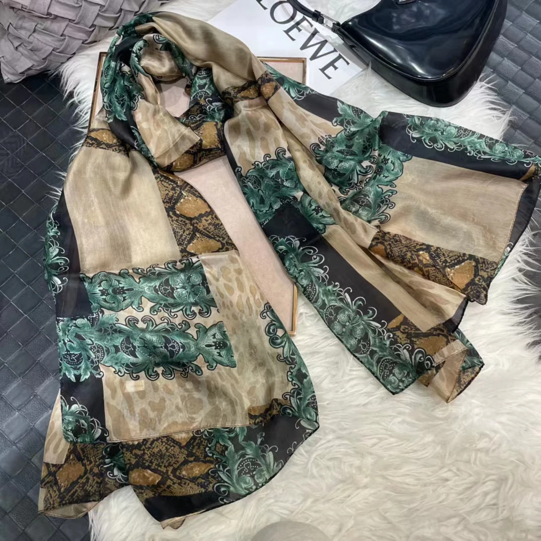 

New Khaki Green 100% Silk Scarf Hijab Bufandas Fashion Snake Skin Floral Design Long Neck Head Scarves Beach Shawls Foulard