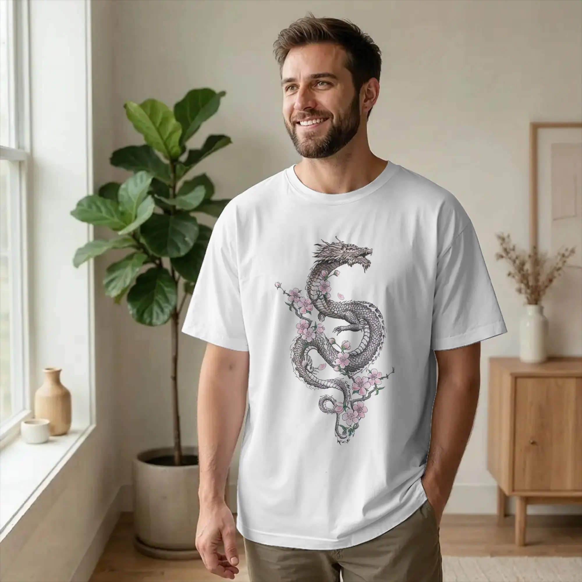 Japanisches Kirschblüten-Drachen-Blumen-T-Shirt für Herren, Vintage-T-Shirts, O-Ausschnitt, Kunst-T-Shirt, Kurzarm, Merchandise-Druck