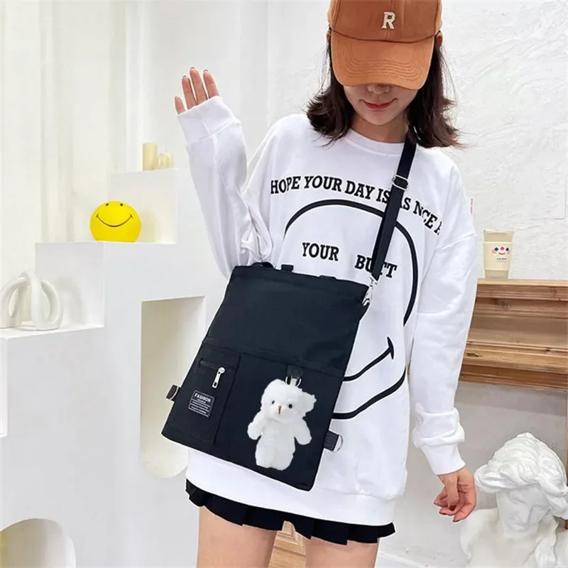 Stylish Chic Canvas Tote with Bear Pendant - Trendy Bucket Crossbody & Shoulder Bag
