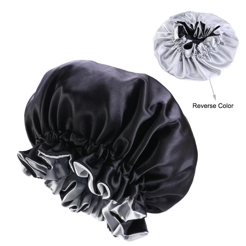 Lady Silk Night Sleep Hats Double Layer Head Cover Fashion Shower Cap Adjustable Silk Satin Bonnet For Women 4