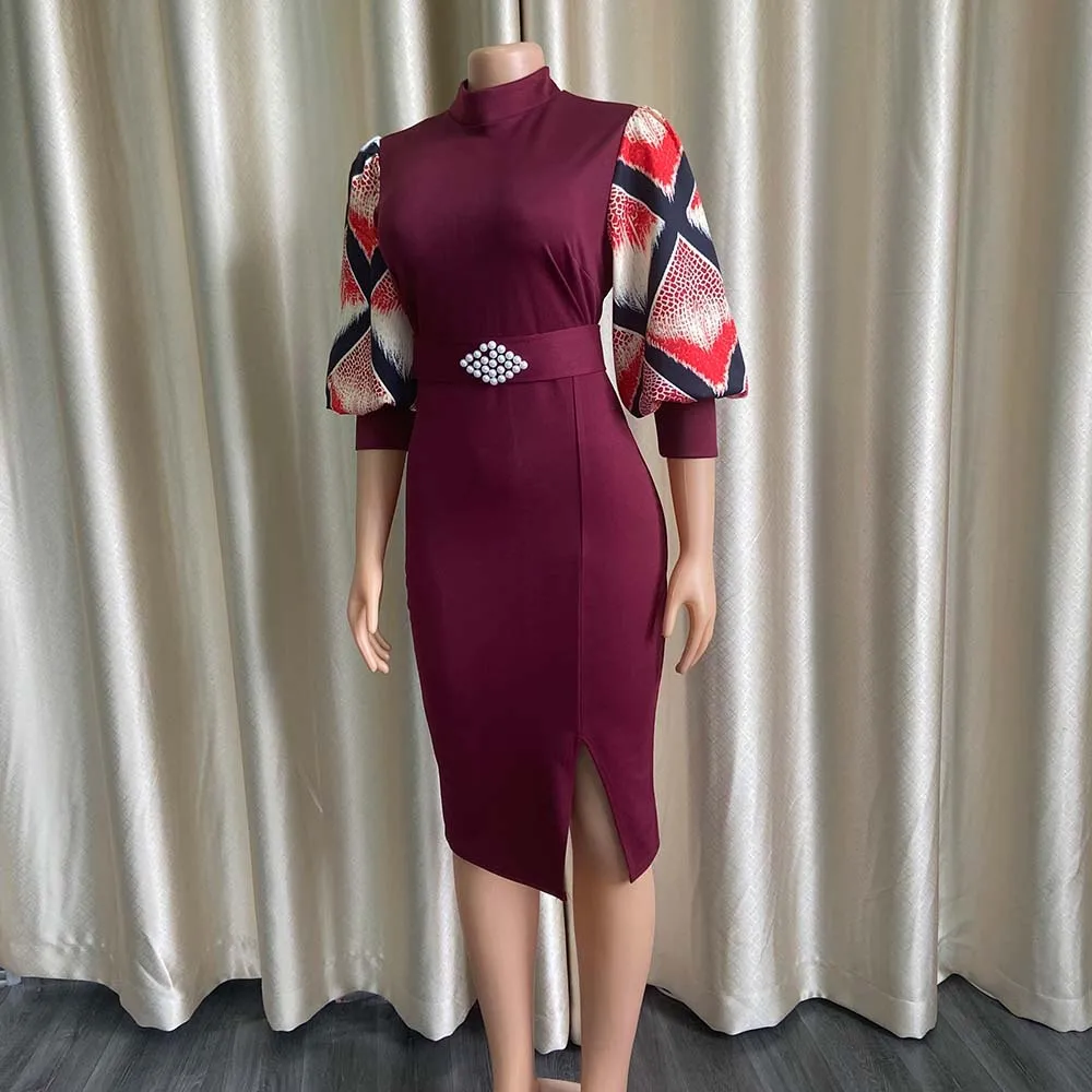 2022 Summer New Hot Sale European And American Style Puff Sleeve Printed Solid Waist Pencil Dress African Dress african gowns