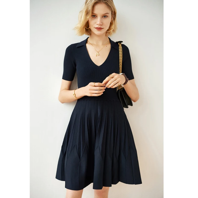 IOO Navy Women V-neck Pleated Skirt Slim Fit Knitted Mini Dress French Pairs Brand High Quality Brand S