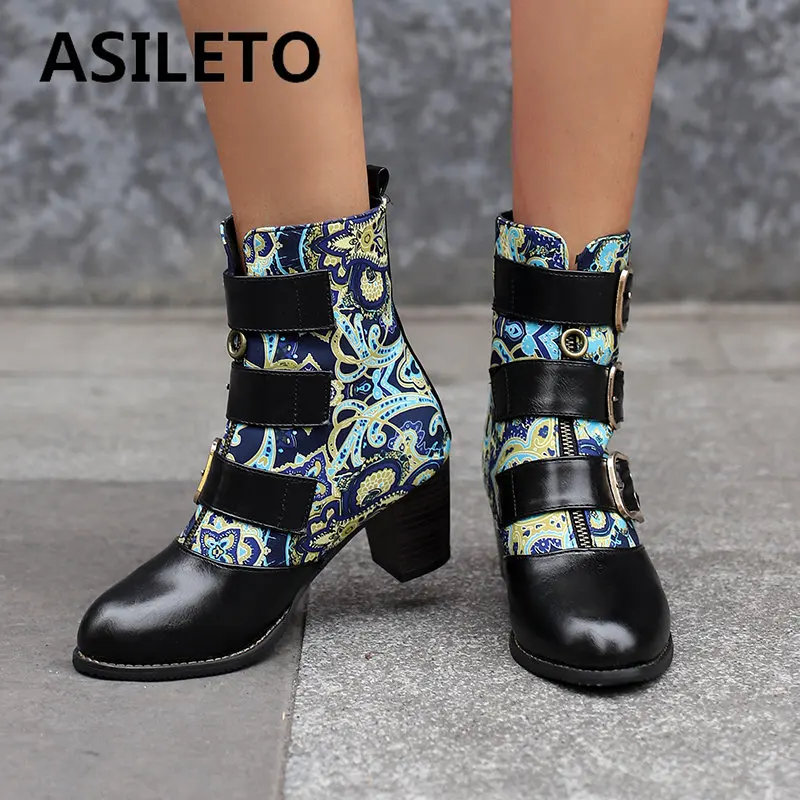 

ASILETO Women Fashion Ankle Boots Round Toe Block Heels 6cm Zipper Belt Buckles Plus Size 46 47 48 Casual Retro Daily Booties