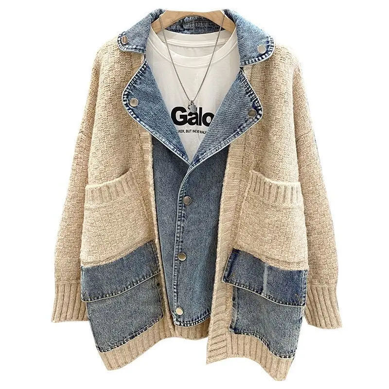 

Winter Women Splicing Denim Jacket Women Long Sleeve Jean Jackets Female Loose Sweater Cardigan Jacket 2022 New Autumn