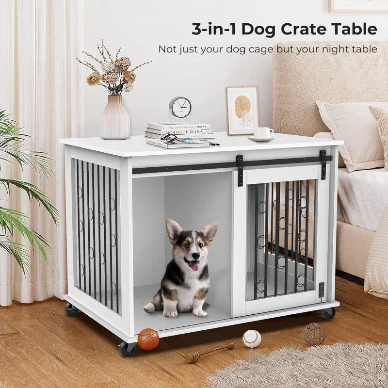 Dog Crate Furniture with Divider for 2 Small to Medium Pets, Wooden Cage End Table, Heavy Duty Indoor Puppy Kennel with Removabl