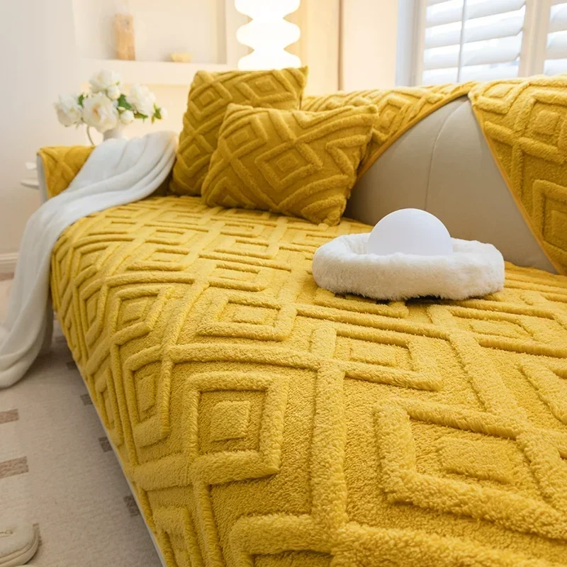 Jacquard Plush Sofa Cover Solid Color Non-Slip Couch Cushion Towel Warm Winter Thicken Sofa Covers for Living Room L-shaped sofa cover