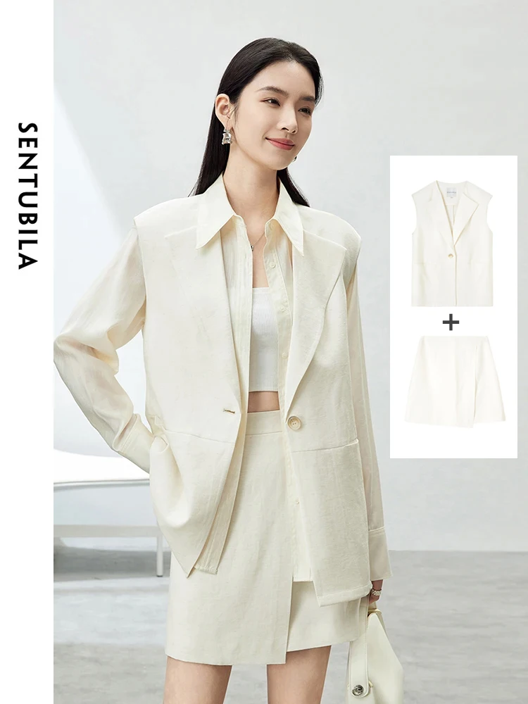 SENTUBILA Linen Blend Two Piece Sets Elegant Summer Outfit Mini Skirt Sleeveless Blazer Suits 2024 New In Matching Set 142Z53980