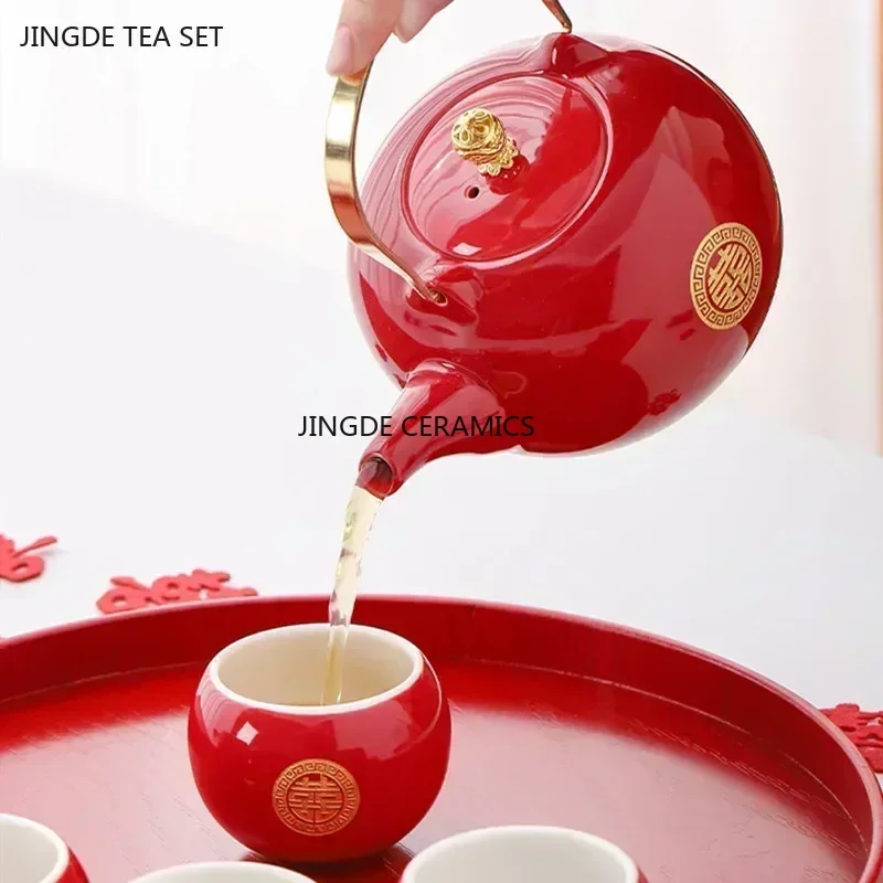 Red Ceramic Tea Set, Chinese Wedding Tea Set, Handmade Tea Pot Set, Special Customized Home Porcelain Beauty Tea Cup Set