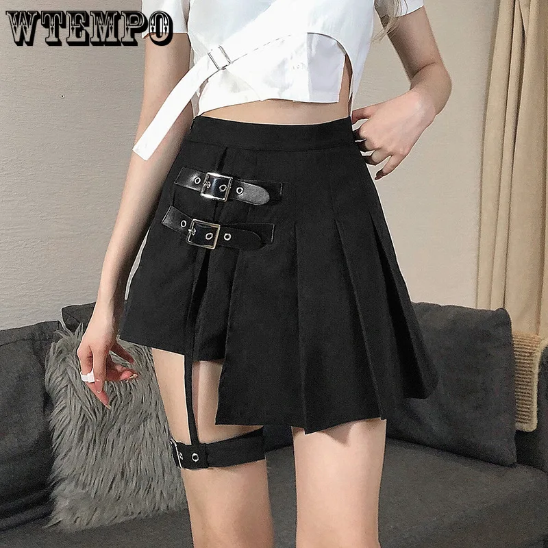 

Women's Asymmetrical Punk Style Black Pleated Skirt Buckle Summer High Waist Skirt Women Gothic Clothes Mini Skirts Party Hot