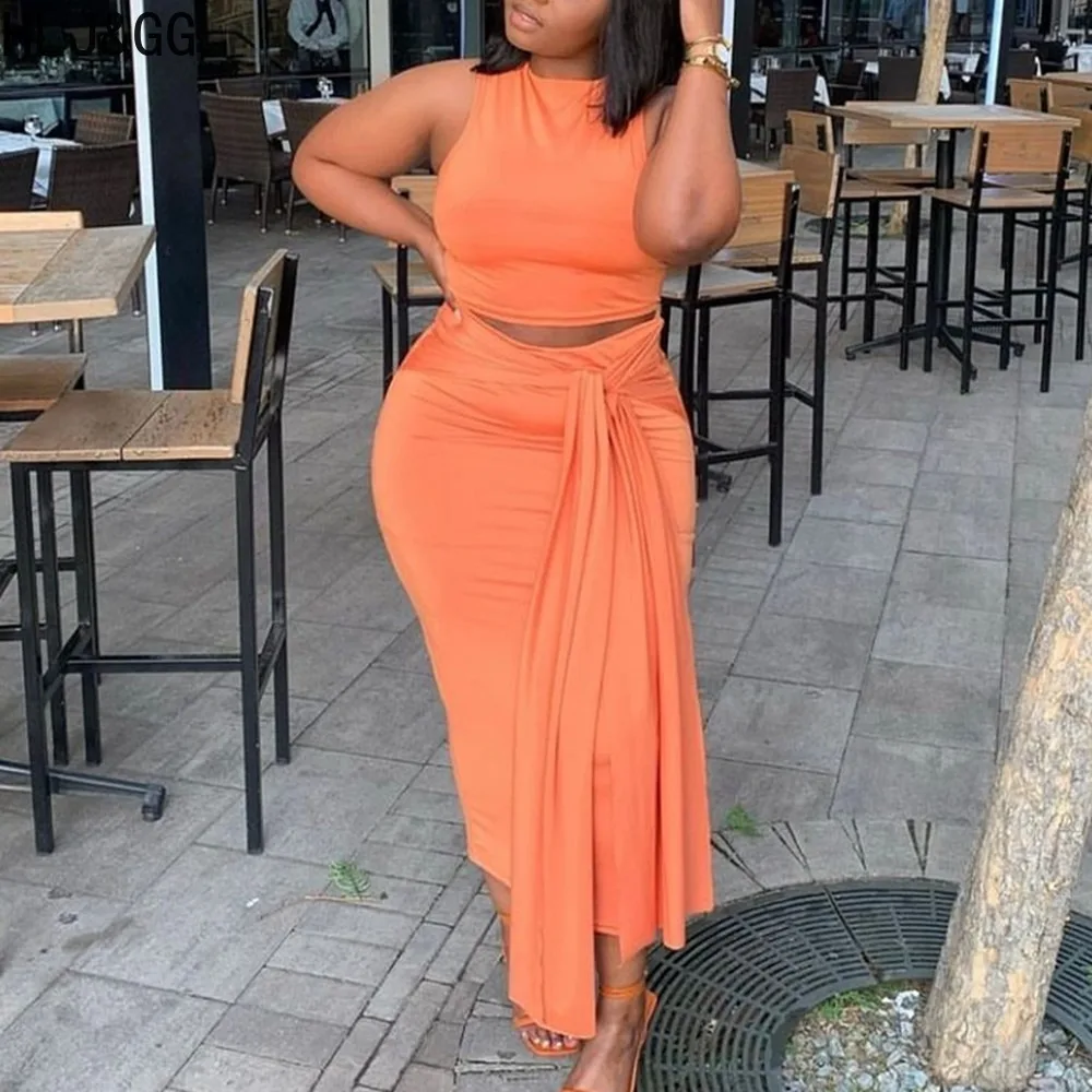 HLJ&GG Spring New Solid Bandage Skirts Two Piece Sets Women Round Neck Sleeveless Crop Top And Skirts Outfits Female Clothing