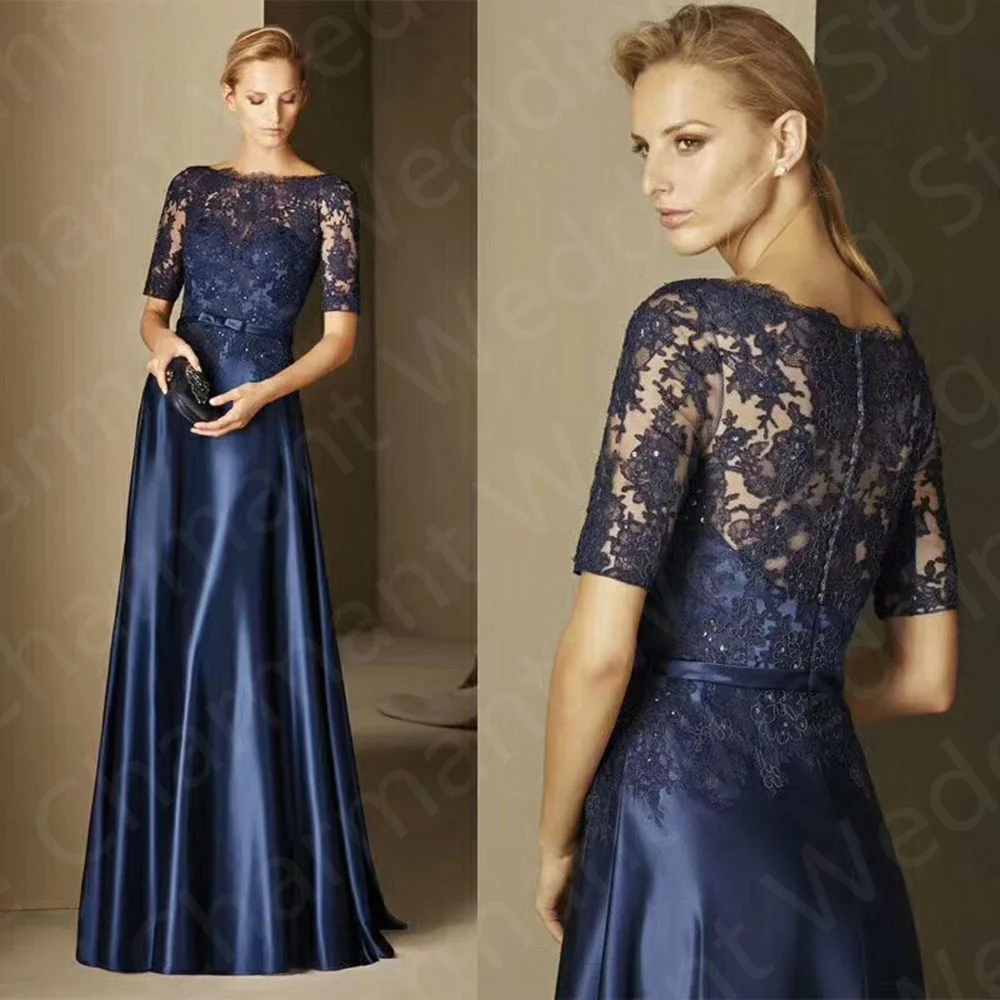 

Modern On Sale Dark Navy Mother of the Bride Dresses Lace Short Sleeves Boat Neck Wedding Party Gowns Bow Belt