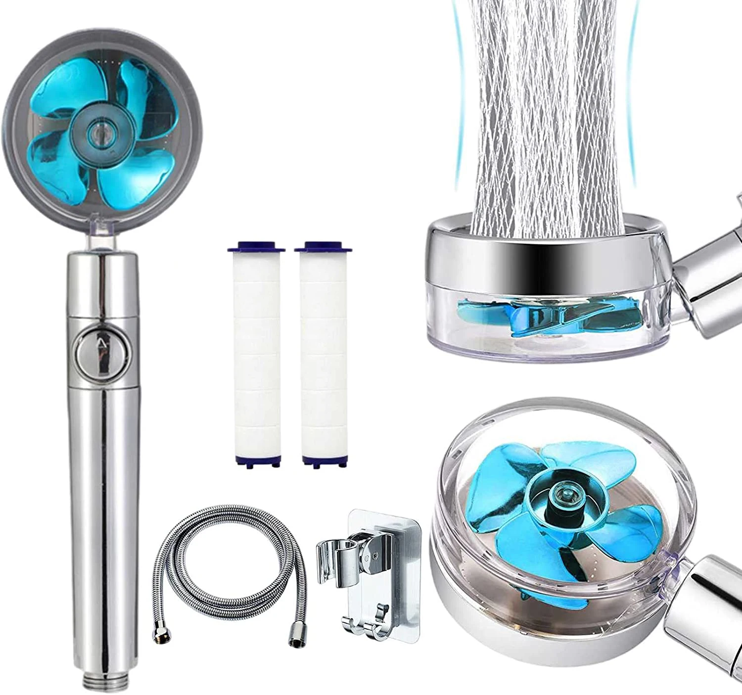 

Turbo Propeller Shower Head Set Water Saving High Preassure Flow 360 Degrees with Fan Extension Showerhead Rainfall with Holder