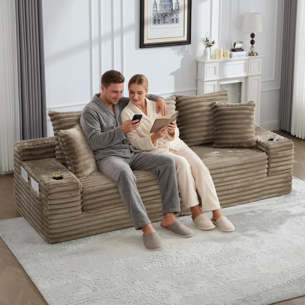 Cordstoff Kompressions-Sofa mit Hoher Rückenlehne und Zusätzlichen Kissen, Beidseitige Taschen, Frei Kombinierbar Als Schlafsofa – Detail 24