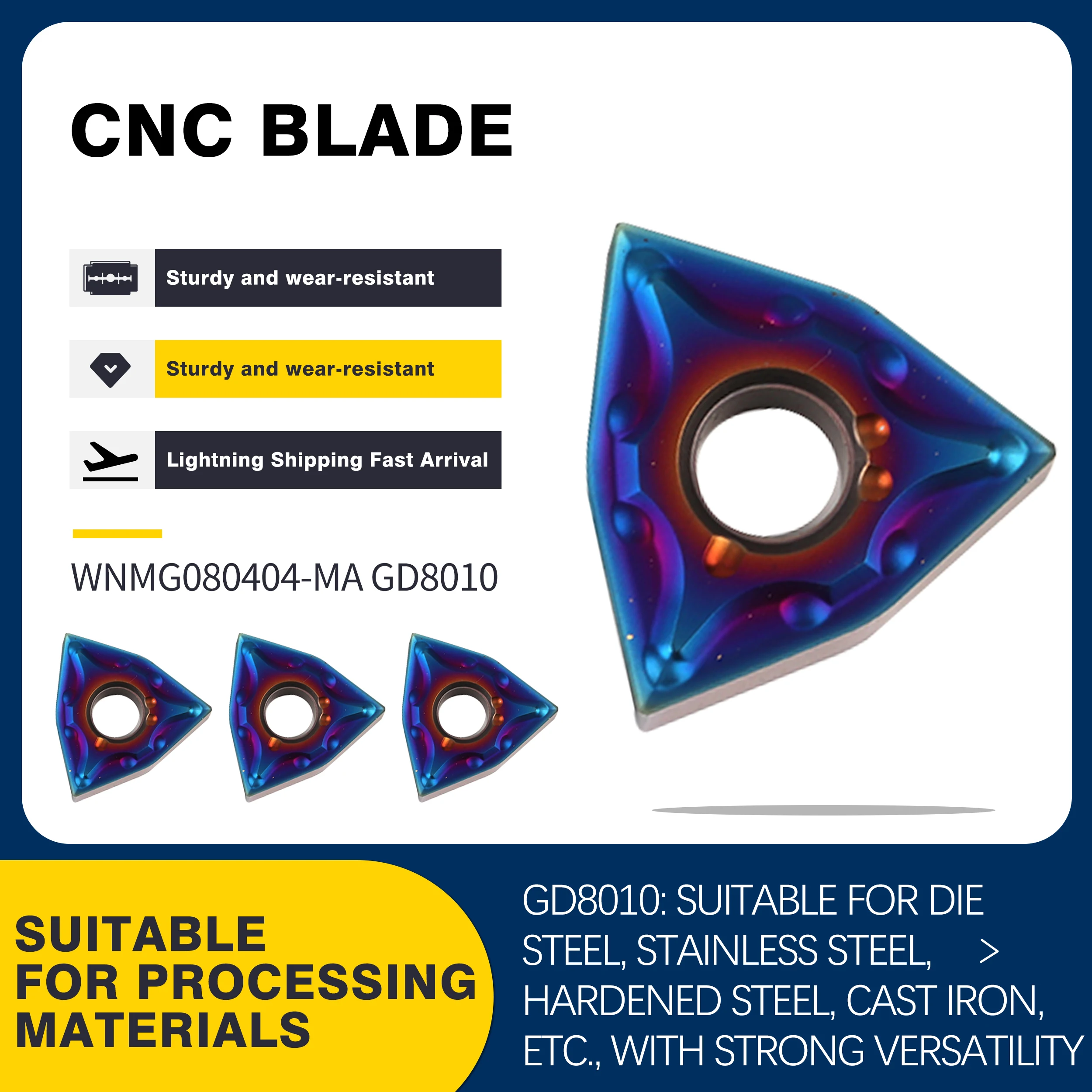 

WNMG080404/WNMG080408-MA GD8010 CNC Lathe Tools External Turning Tool High Quality Carbide Nano Blue Flame Series Milling Blades